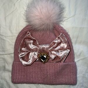 Kids Pink Pom Pom Beanie with Velvet Bow and Heart Jewel